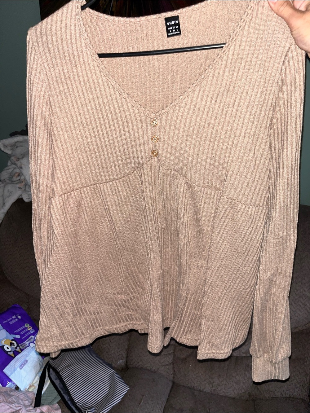 SHEIN Beige Ribbed V-Neck Women’s Maternity Long Sleeve Top with Button Trim